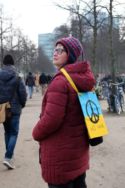 Manifestante Europea Madura Con Letrero Paz Azul Amarillo Banderín Ucrania —  Fotos de Stock