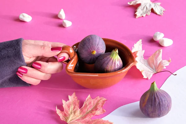 Couleurs Automne Figues Violettes Magenta Dans Bol Terre Cuite Main — Photo