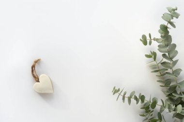 Taze okaliptüs yaprakları ve dalları. Tahta kalp biblosu, beyaz diş minesi ve kenevir kablosu. Üstten beyaz masa üstü görünüyor. Basit, minimum düzlük. Fildişi ve yeşil tonlarda tek renkli arkaplan.