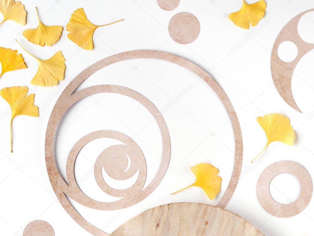 Autumn mockup with ginko leaves and beige natural stone. Fibonacci sequence circle, symbol of perfection and harmony. Golden ratio concept Fall background, paper art. Top view, flat lay