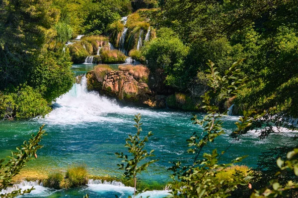 Krka Waterfalls Skradinski Buk Viewed High Viewpoint Summer People National — Stock Photo, Image