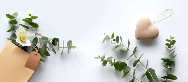 Craft Bag Wintertime Eucalyptus White Helleborus Flower Panoramic Banner Brown — стоковое фото