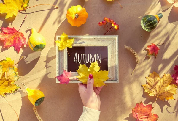 Text Podzim Tabuli Křída Ruce Suché Podzimní Listí Dýně Lepence — Stock fotografie
