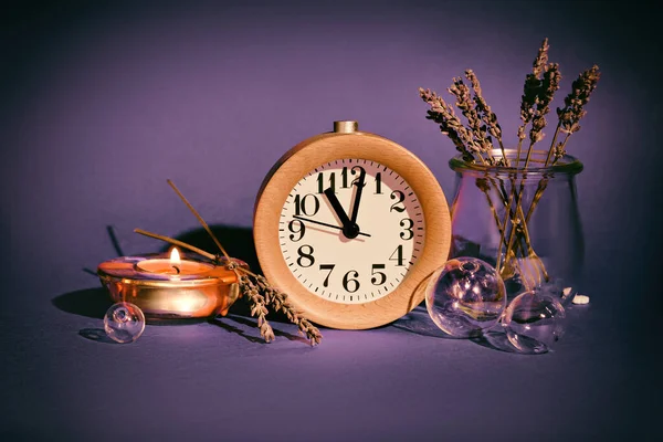 Still Life Arrangement Wood Alarm Clock Purple Background Dry Lavender — Stock Photo, Image