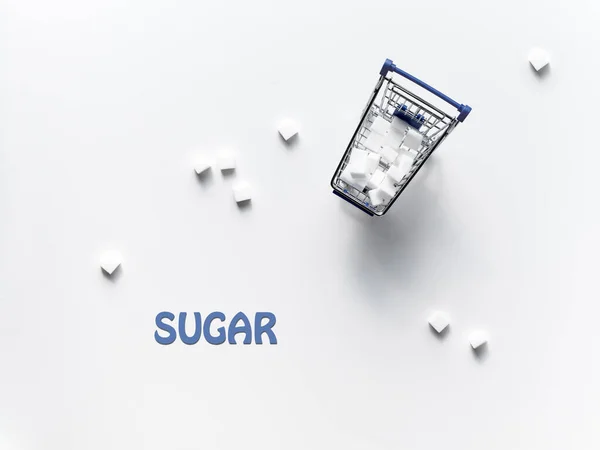 Text Sugar Shopping Trolley Rafinade Pieces Lumps Sugar White Background — Stock Photo, Image