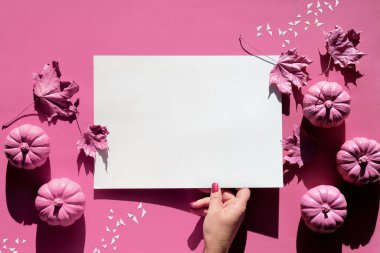 Pink fuchsia paper background with Autumn decor. Text space in frame held by hand. Monochromatic flat lay, magenta pumpkins. Dry Fall leaves painted metallic pink.