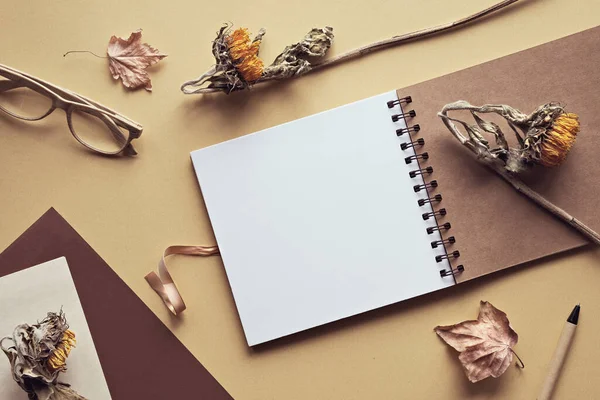 Mockup Blank Album Notebook Spiral Binder Dry Sunflower Flowers Maple — Stock Photo, Image