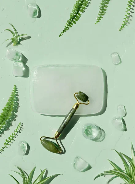 Jade stone face roller and self made moisturizer with ice cubes and exotic palm fern leaves on mint green background. Facial massage concept, handmade cosmetics.