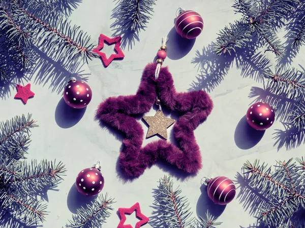 Christmas Backdrop Fluffy Fur Star Xmas Wreath Red Bubble Toys — Stock Photo, Image
