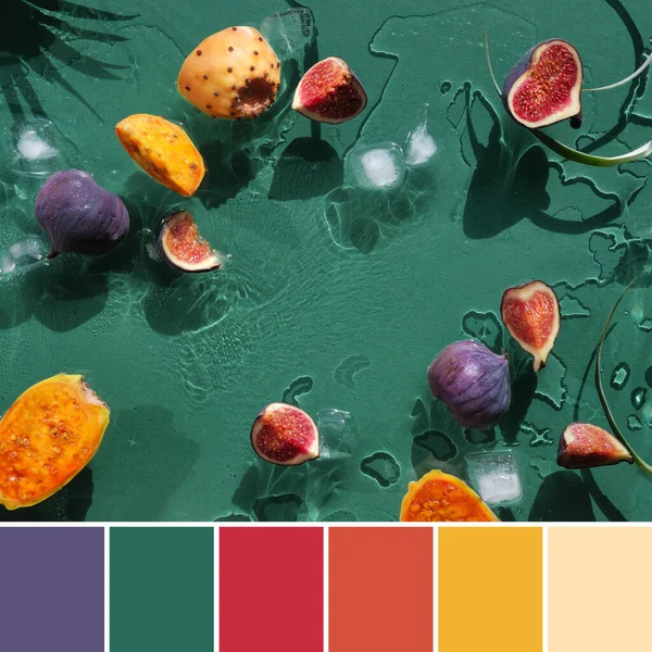 Color matching palette from image of exotic fruits in splashing water. Purple fig, yellow and orange prickly pears, healthy cactus fruits on emerald green background.