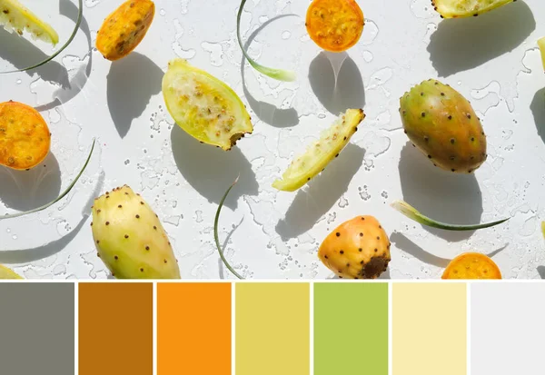 Color matching palette from image of exotic fruits, yellow and orange prickly pears, healthy cactus fruits on off white background with green leaf. Flat lay, direct sunlight with shadows.
