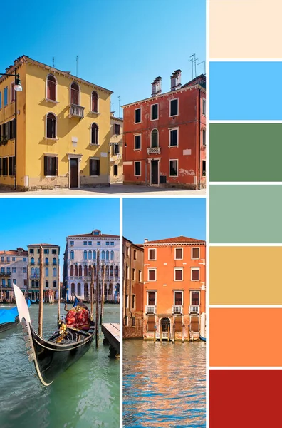 Color matching palette from image of architecture of Venice, Italy. Historic houses in the water of Grand Canal. Traditional Venetian architecture.
