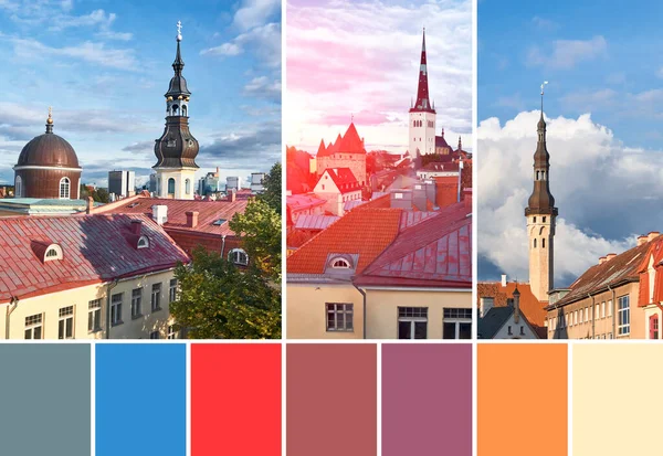 Color matching palette from images of Tallinn, Estonia. Historic Town Hall, city wall towers, historic facades, roofs of ancient medieval buildings.