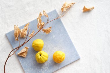 Mavi seramikte sarı ayva meyveli renkli sonbahar deseni. Beyaz pamuk tekstil masaüstü üzerinde mevsimsel sonbahar yaşam düzeni. Yapraklı kuru kireç dalları. Gölgeli yumuşak doğal ışık.