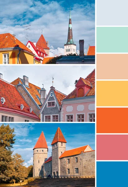 Color matching palette from images of Tallinn, Estonia. Historic Town Hall, city wall towers, historic facades, roofs of ancient medieval buildings.