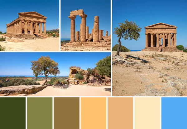 Color matching palette from images of ancient temples, earth ad olive trees from Valley of the Temples in Agrigento, Sicily, Italy