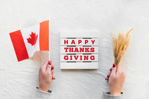 Happy Canada Thanksgiving Day Canadian Flag Wheat Ears Hand White — Stock Photo, Image
