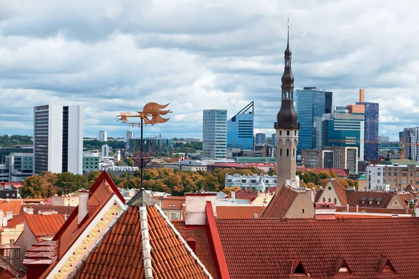 Widok Ptaki Zabytkowego Centrum Tallina Estonii Nowoczesnego Miasta Jesienne Drzewa — Zdjęcie stockowe