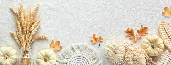 Autumn Banner Textile Straw Decor White Textile Panoramic Background Panorama — Stock Photo, Image