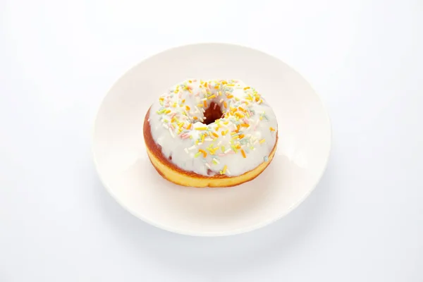 Frosted Doughnut Plate Isolated White Background — Stock Photo, Image