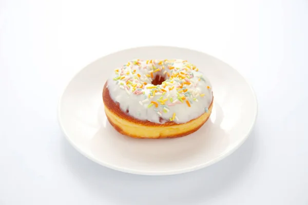 Frosted Doughnut Plate Isolated White Background — Stock Photo, Image
