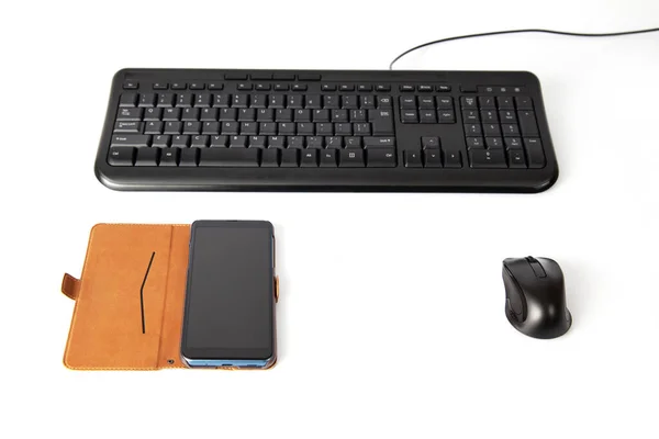 Black Keybord Mouse Smartphone Closeup Isolated White Background — Stockfoto