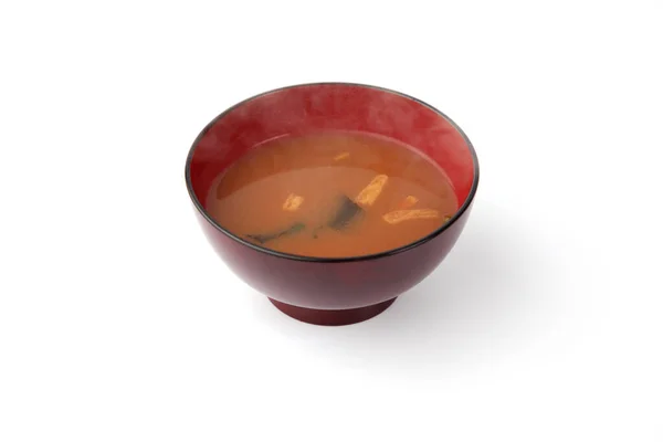 Vapor Quente Miso Sopa Closeup Isolado Fundo Branco — Fotografia de Stock