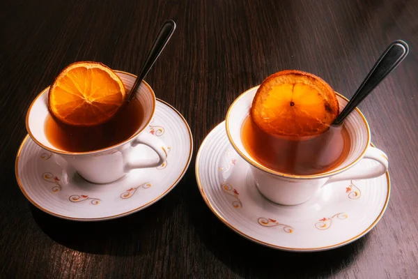Deux Tasses Thé Aux Oranges Séchées — Photo