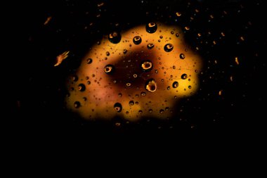 Su damlalarıyla dolu camdan görülebilen sarı çiçek.