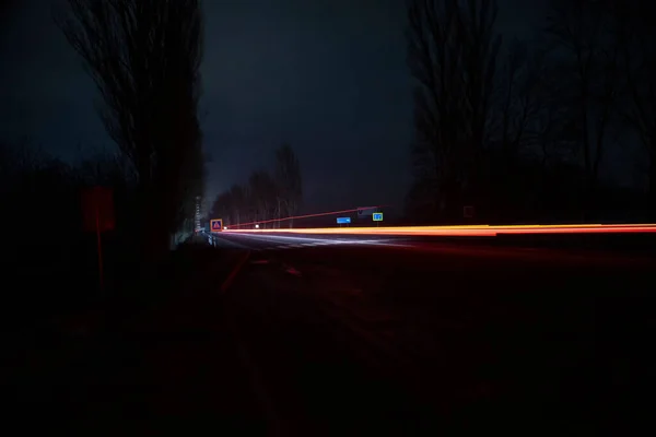 Red White Lights Passing Cars Night Highway — Stock Photo, Image