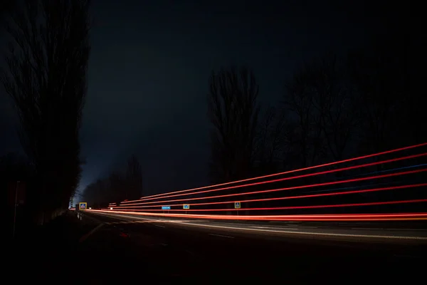 Feux Rouges Blancs Des Voitures Passage Autoroute Nuit — Photo