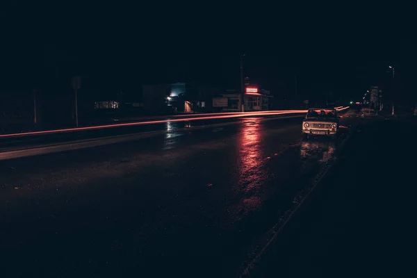 Feux Rouges Blancs Des Voitures Passage Autoroute Nuit — Photo