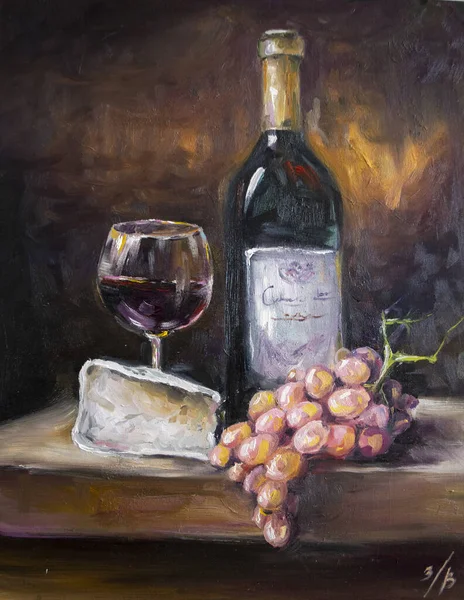 酒杯里的酒和葡萄 画笔的油画 — 图库照片