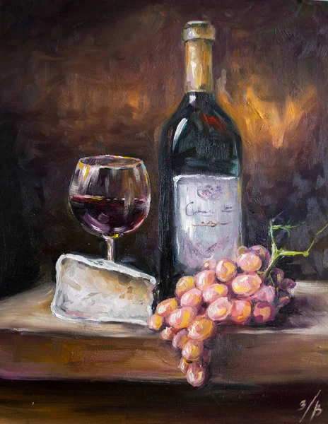 Wine in a glass with grapes. Oil painting with brush strokes.