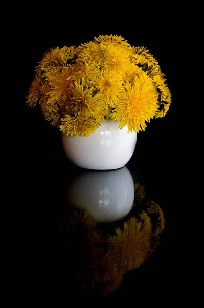 黄色的蒲公英花在一个用黑色隔开的罐子里 — 图库照片