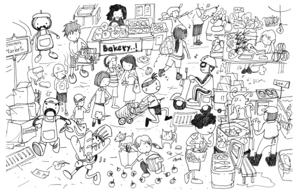 Dibujo en blanco y negro de dibujos animados del mercado ocupado — Foto de Stock