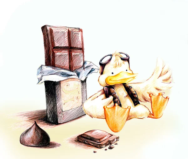 Yellow pilot duck with chocolate cartoo — Stock Photo, Image