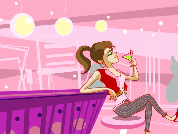 Girl drinking cocktail in night club illustration — Stock Photo, Image