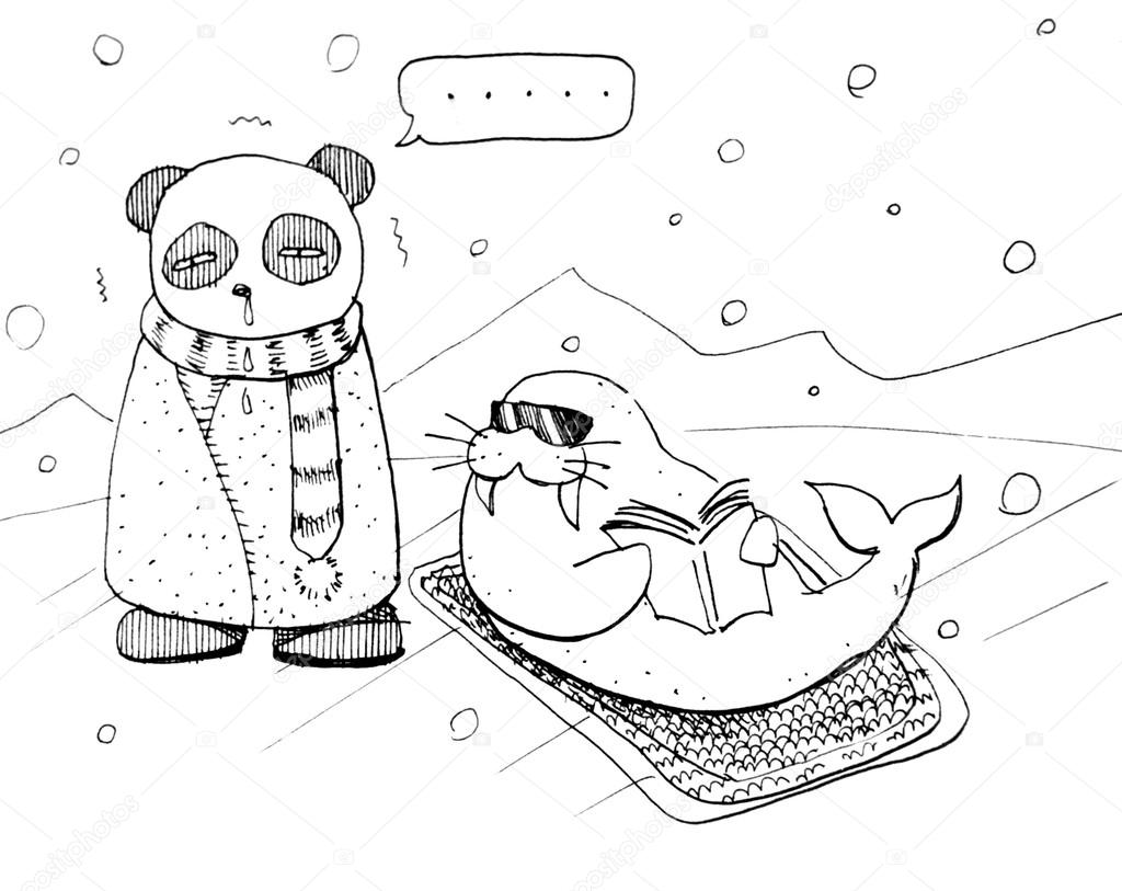 Desenhos animados engraçados panda doente e morsa bronzeada do sol no pólo  norte Ilustração de stock de ©glowonconcept #32993565, image size:1024x813