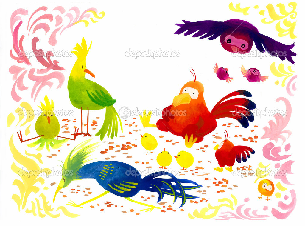 Colorful birds cartoon illustration