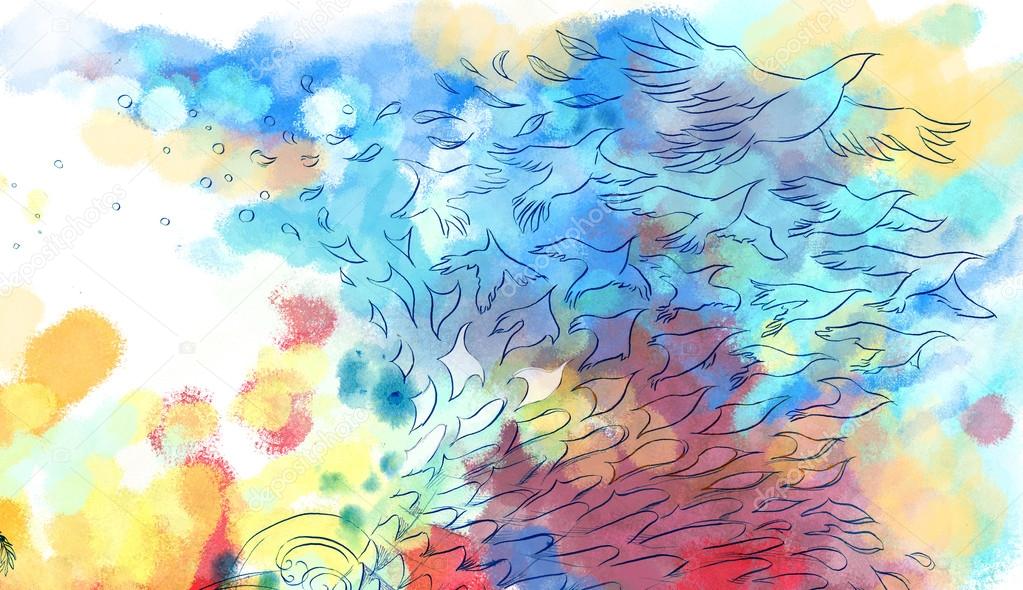 Abstract colorful dreamy bird fly background