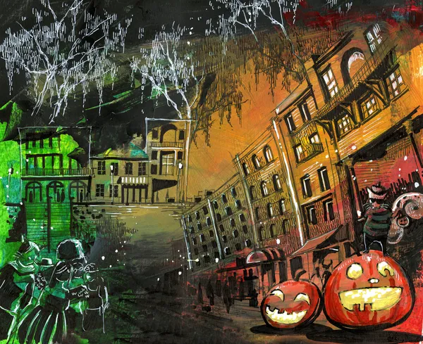 Halloween abóbora pintura da cidade velha — Fotografia de Stock