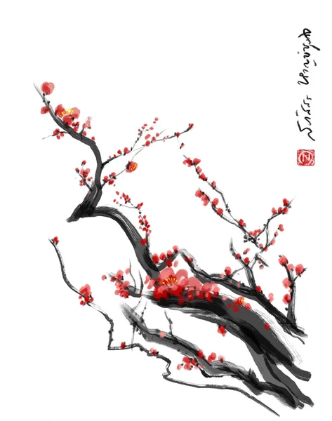 Sakura, bunga ceri plum cina kuas cat Merah ceri bunga cina lukisan kuas — Stok Foto