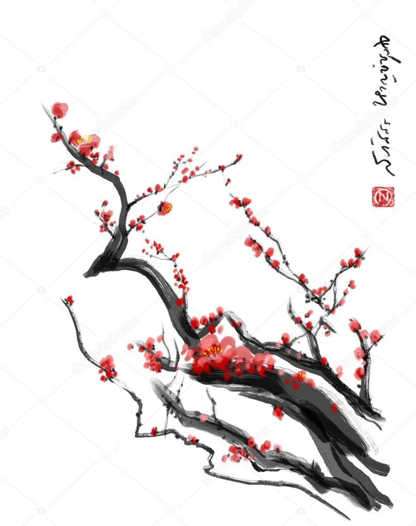 Sakura, cherry blossom plum chinese brush paintingRed cherry blossom chinese brush painting