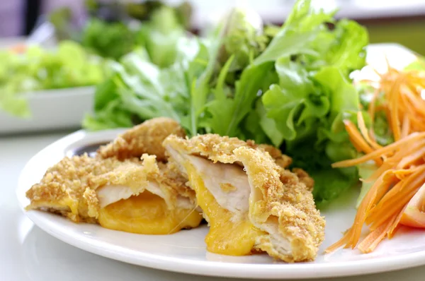 Fried pork with cheese and salad,Delicious fried pork with cheese and salad — Stock Photo, Image
