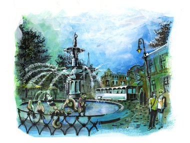 Savannah georgia güzel çeşme turistik yer illüstrasyon