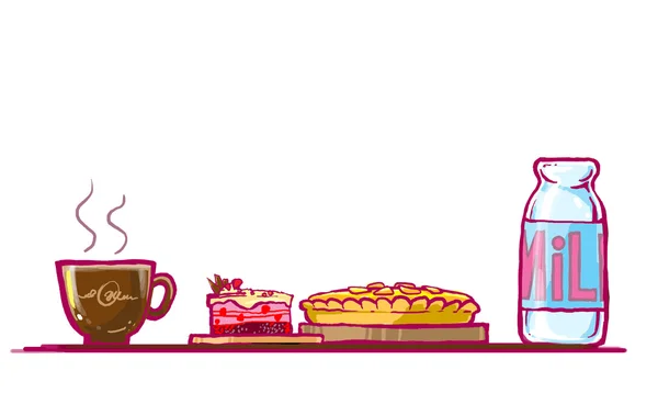 Kuchen, Schokoladenkuchen und Milch Illustration — Stockfoto