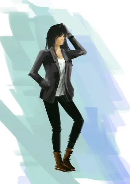 Mode illustratie, meisje in lederen jacketfashion — Stockfoto