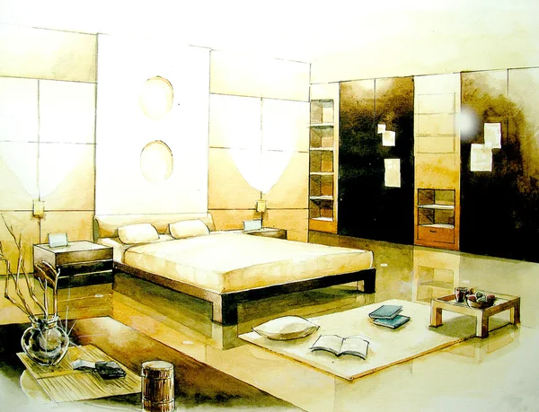 Sepia tone bedroom interior illustration design — Stock Photo, Image