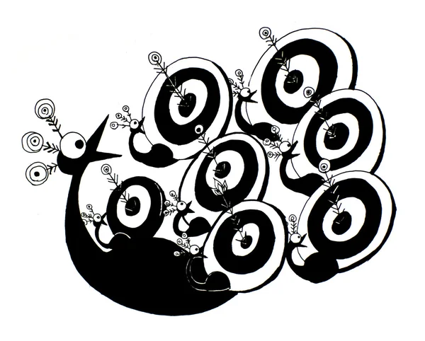 Funny graphic targeted peacock black and white illustration — Stock Photo, Image